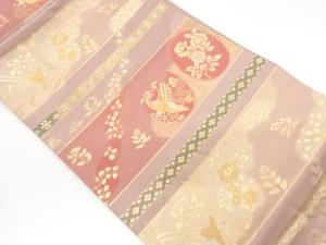 横段に尾長鳥・花葉模様名古屋帯